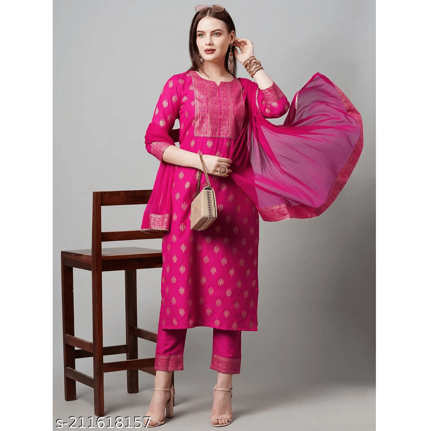 Dark Pink Foil Printed Cotton Blend Straight Kurta Pant Dupatta Set