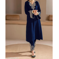 Navy Embroidered Velvet A-Line Kurta Pant Dupatta Set