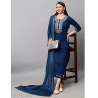 Navy Blue Embroidered Rayon Straight Kurta Pant Dupatta Set