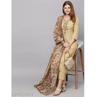 Beige Embroidered Rayon Straight Kurta Pant Dupatta Set