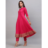 Dark Pink Solid Cotton Blend Anarkali Kurta Pant Dupatta Set