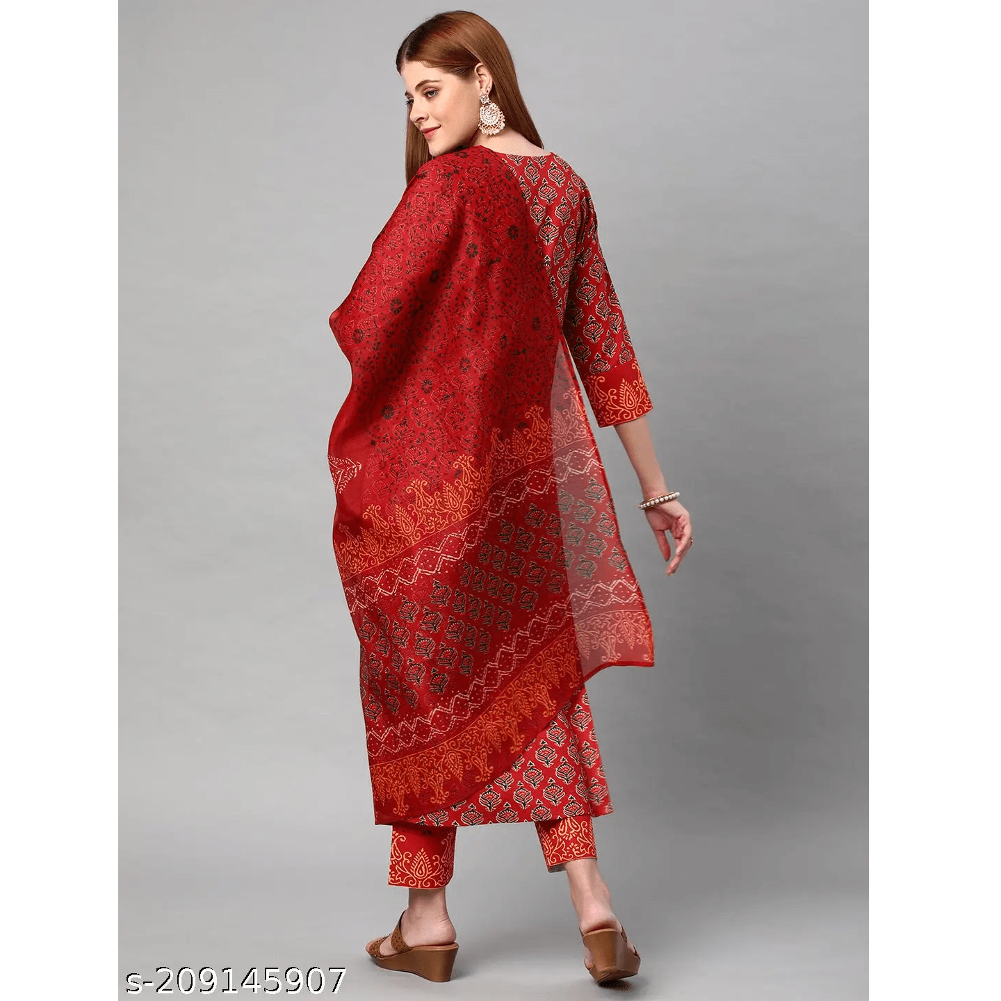 Red Printed Cotton Blend Straight Kurta Pant Dupatta Set