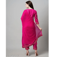 Dark Pink Foil Printed Cotton Blend Straight Kurta Pant Dupatta Set