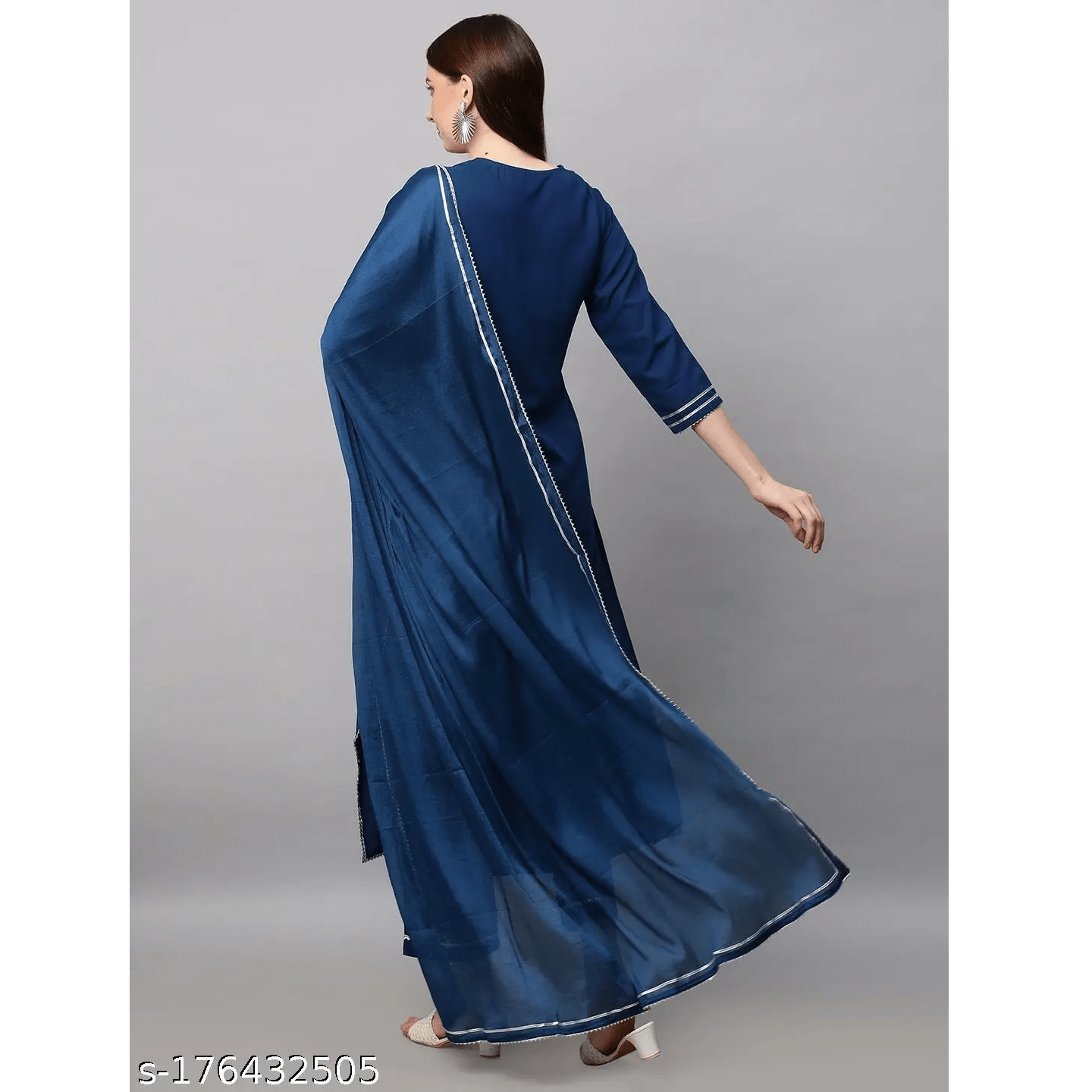 Navy Blue Embroidered Rayon Straight Kurta Pant Dupatta Set