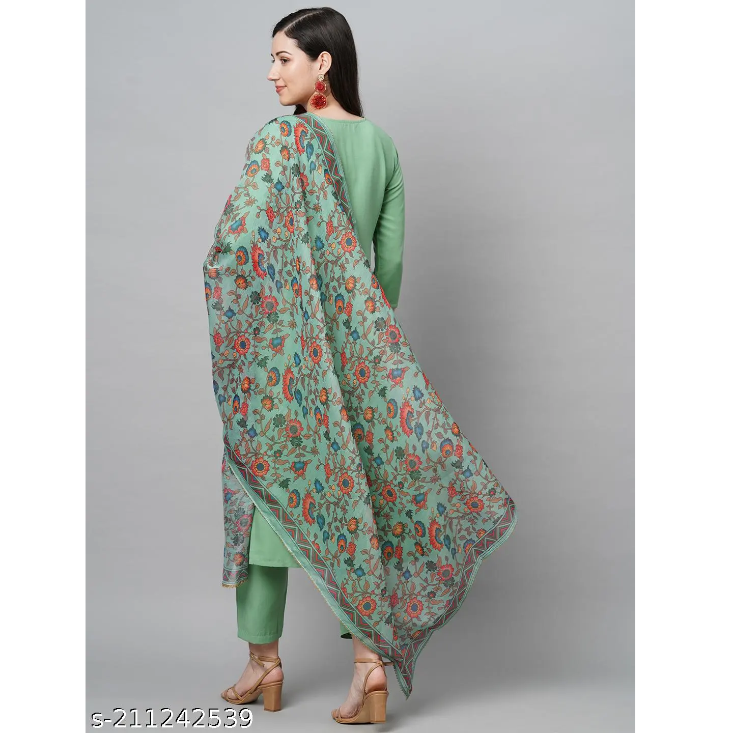 Pista Green Embroidered Cotton Blend Straight Kurta Pant Dupatta Set