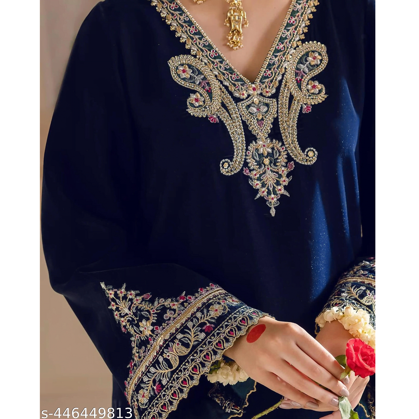 Navy Embroidered Velvet A-Line Kurta Pant Dupatta Set