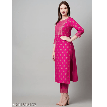 Dark Pink Foil Printed Cotton Blend Straight Kurta Pant Dupatta Set