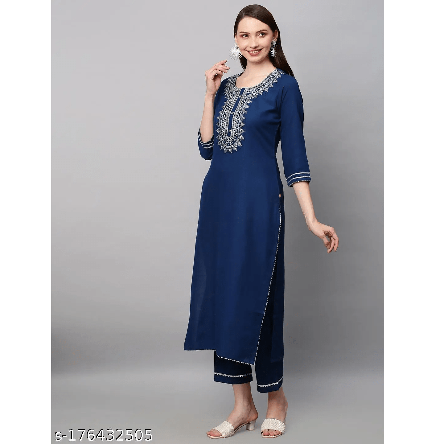 Navy Blue Embroidered Rayon Straight Kurta Pant Dupatta Set