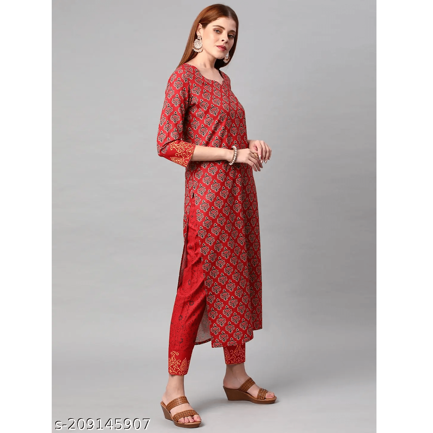 Red Printed Cotton Blend Straight Kurta Pant Dupatta Set