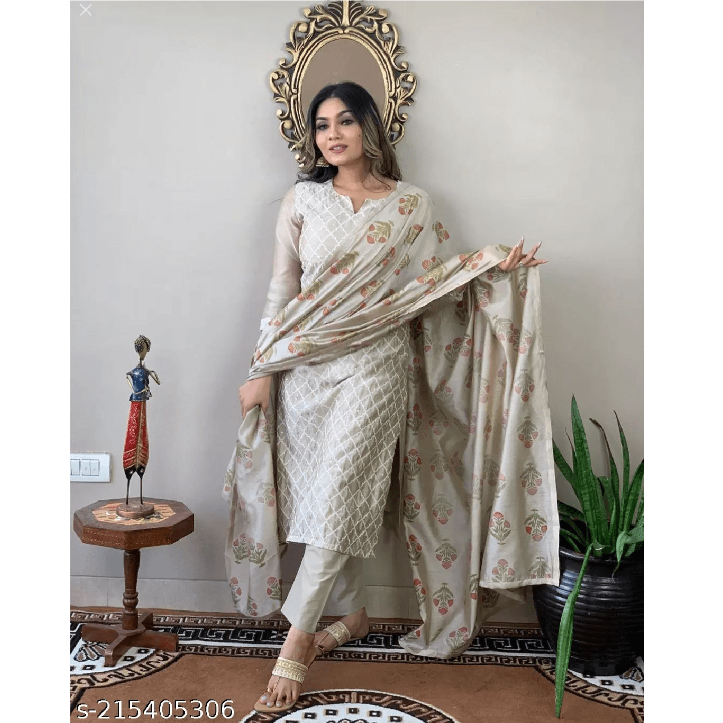 Gray Embroidered Cotton Blend Straight Kurta Pant Dupatta Set