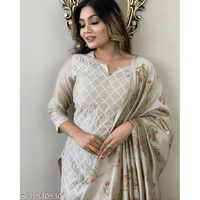 Gray Embroidered Cotton Blend Straight Kurta Pant Dupatta Set