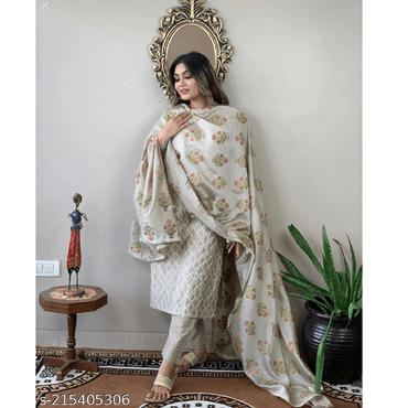 Gray Embroidered Cotton Blend Straight Kurta Pant Dupatta Set