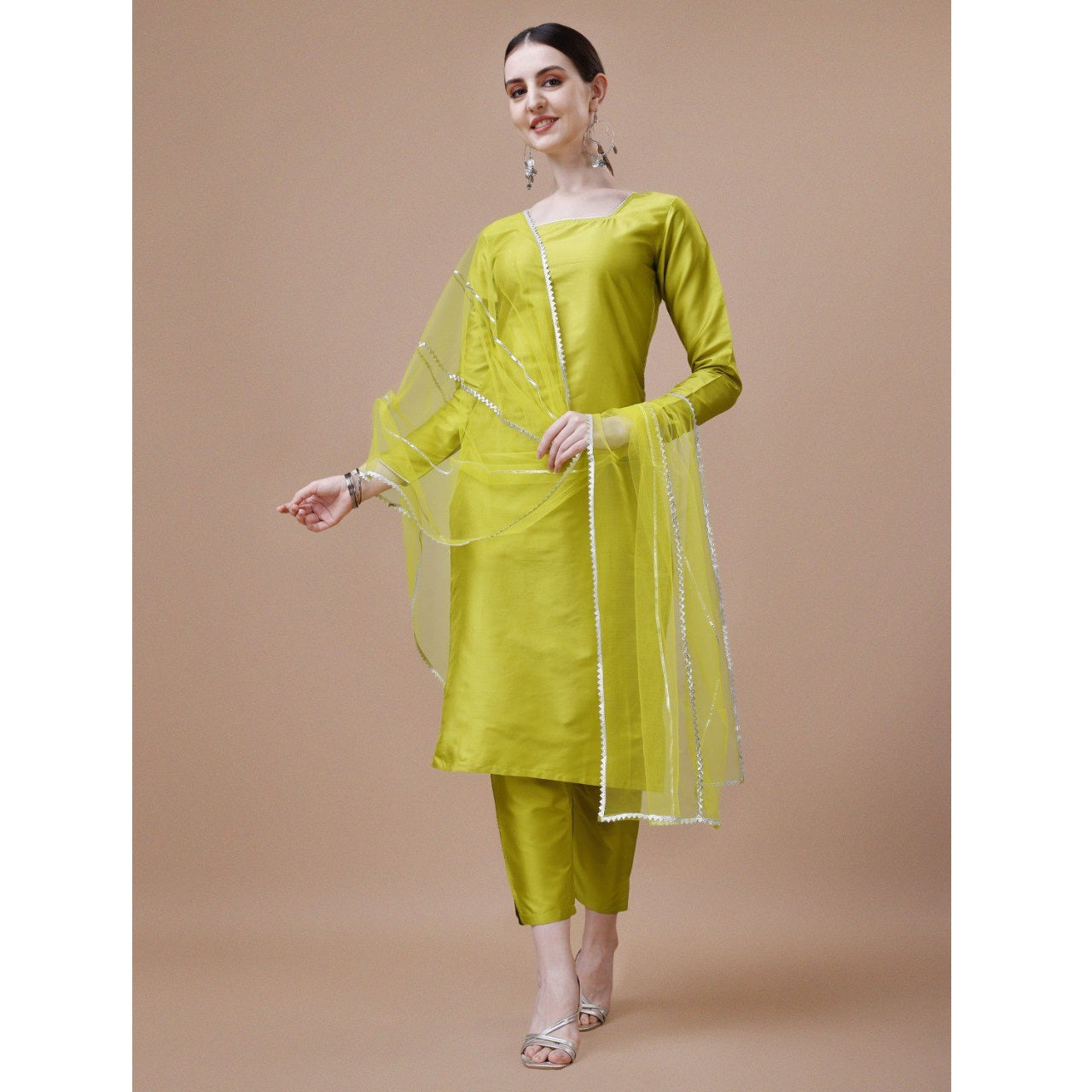 Green Solid Cotton Blend Straight Kurta Pant Duppata Set