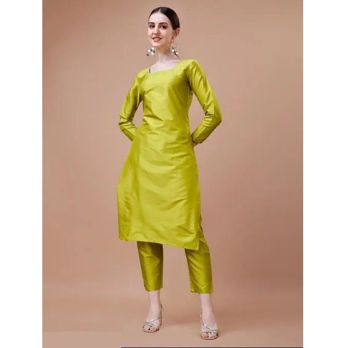 Green Solid Cotton Blend Straight Kurta Pant Duppata Set