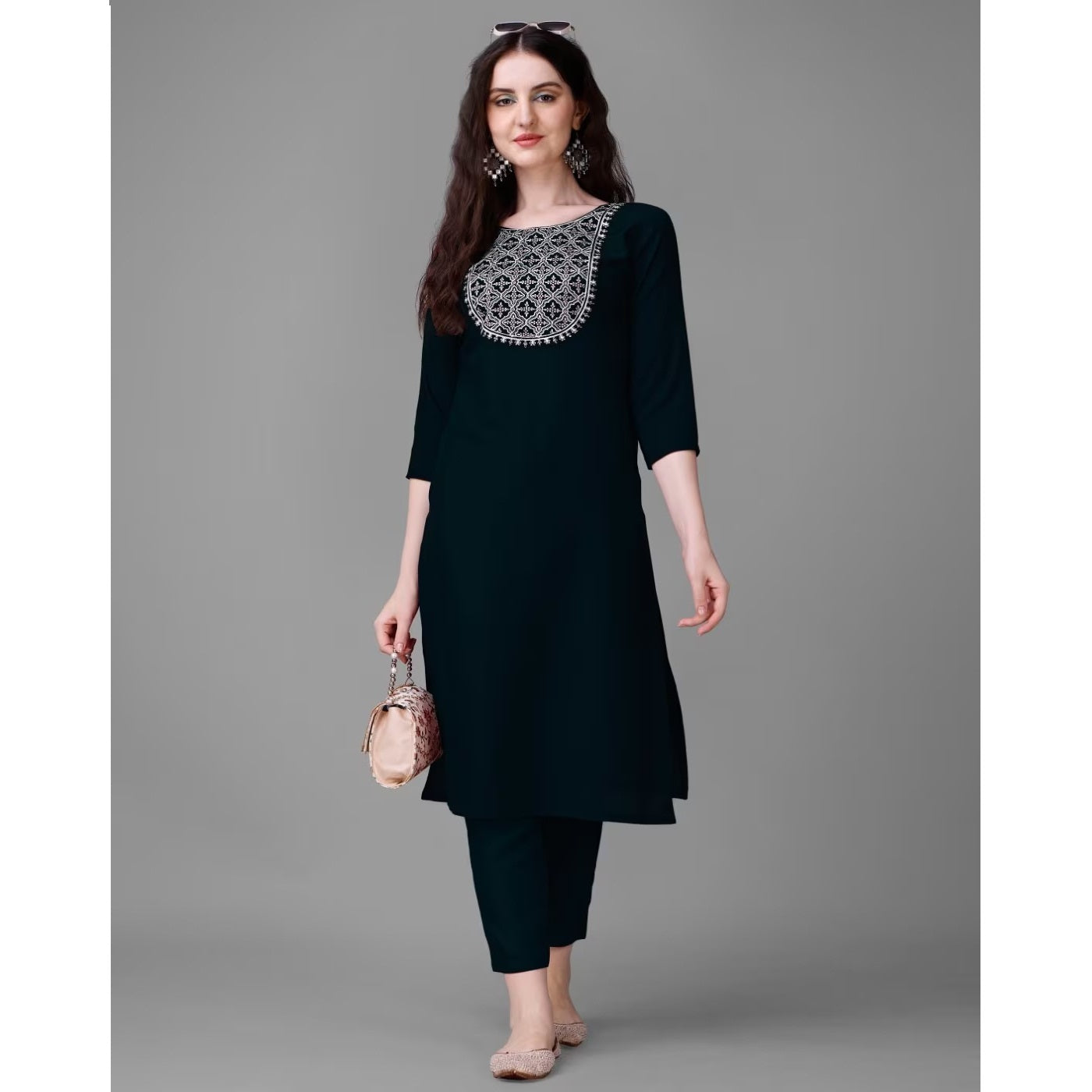 Black Embroidered Cotton Blend Straight Kurta Pant Set For Women