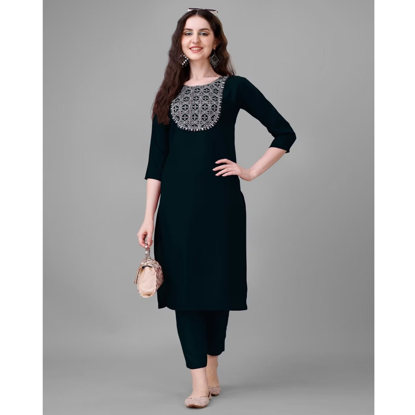 Black Embroidered Cotton Blend Straight Kurta Pant Set For Women