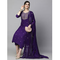 Violet Embroidered Rayon Slub Straight Kurta Pant Dupatta Set