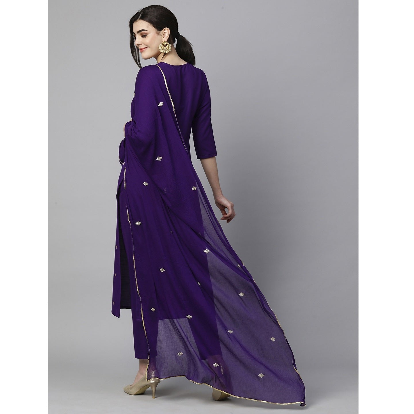 Violet Embroidered Rayon Slub Straight Kurta Pant Dupatta Set