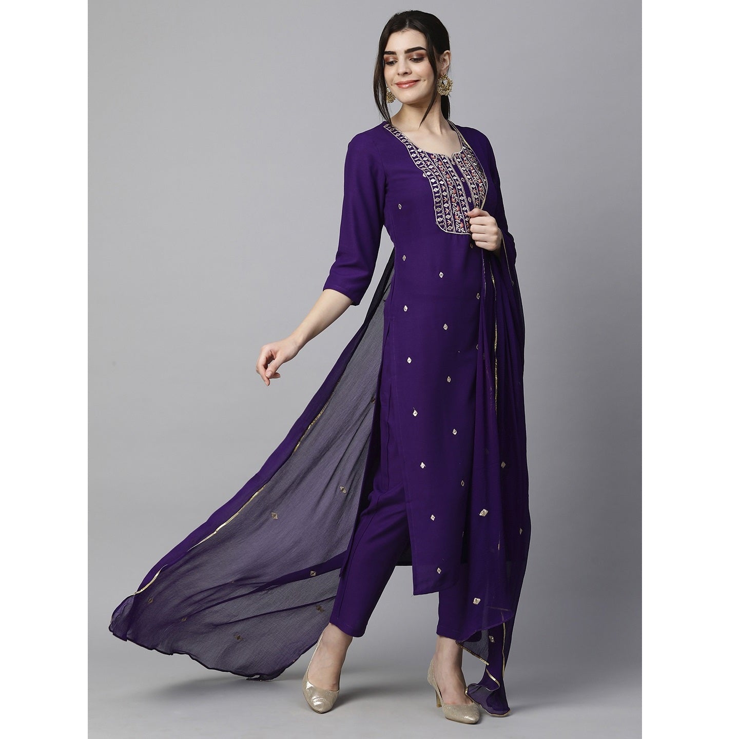 Violet Embroidered Rayon Slub Straight Kurta Pant Dupatta Set