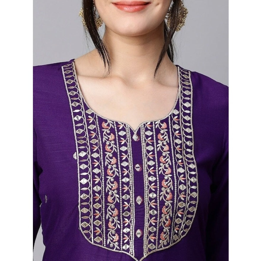 Violet Embroidered Rayon Slub Straight Kurta Pant Dupatta Set