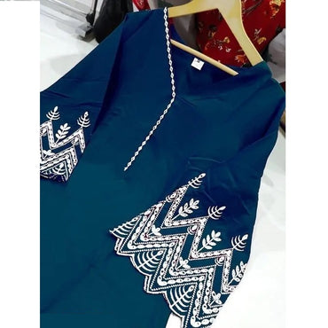 Blue Embroidered Rayon Slub Straight Kurta Set For Women