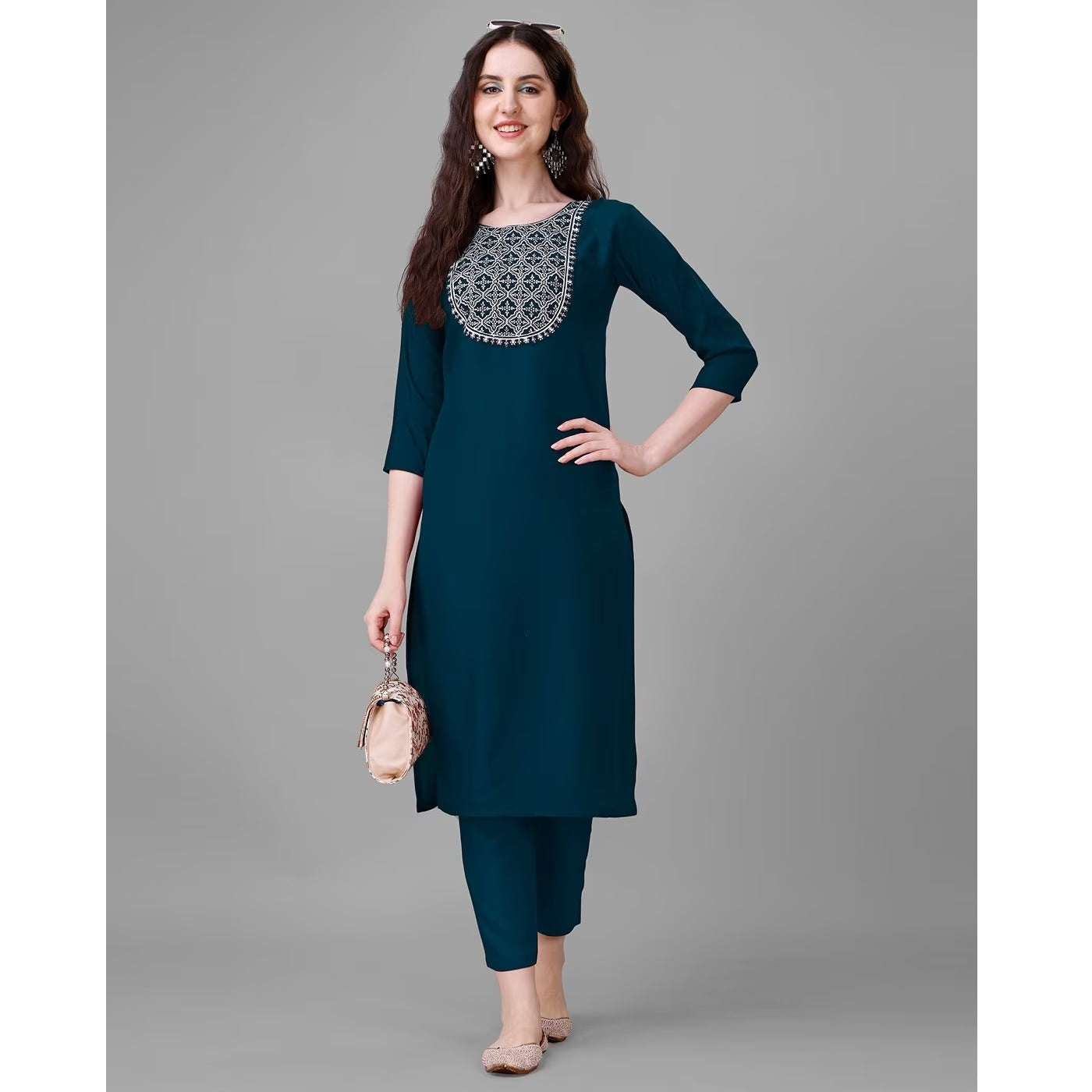 Blue Embroidered Cotton Blend Straight Kurta Pant Set For Women