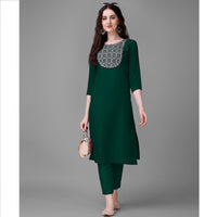 Green Embroidered Cotton Blend Straight Kurta Pant Set For Women