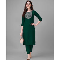 Green Embroidered Cotton Blend Straight Kurta Pant Set For Women