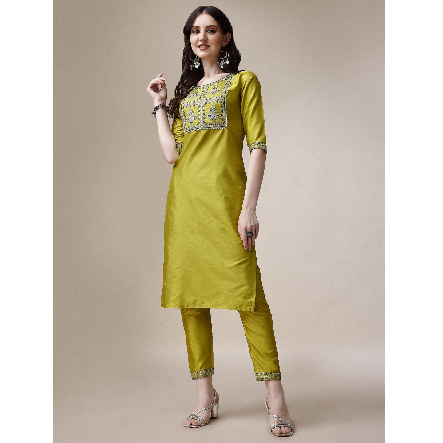 Parrot Green Embroidered Cotton Blend Straight Kurta With Bottomwear