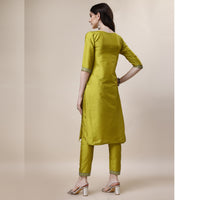 Parrot Green Embroidered Cotton Blend Straight Kurta With Bottomwear