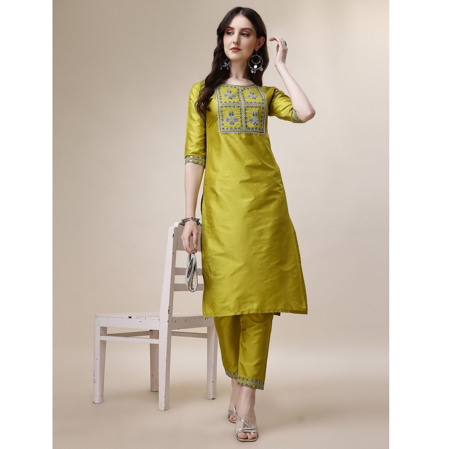 Parrot Green Embroidered Cotton Blend Straight Kurta With Bottomwear