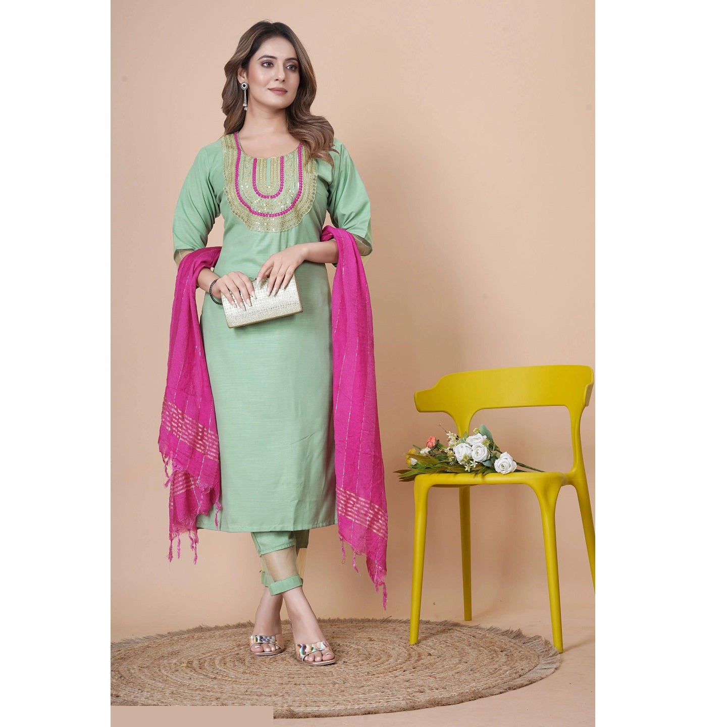 Green Embroidered Rayon Slub Straight Stitched Kurta Pant Dupatta Set