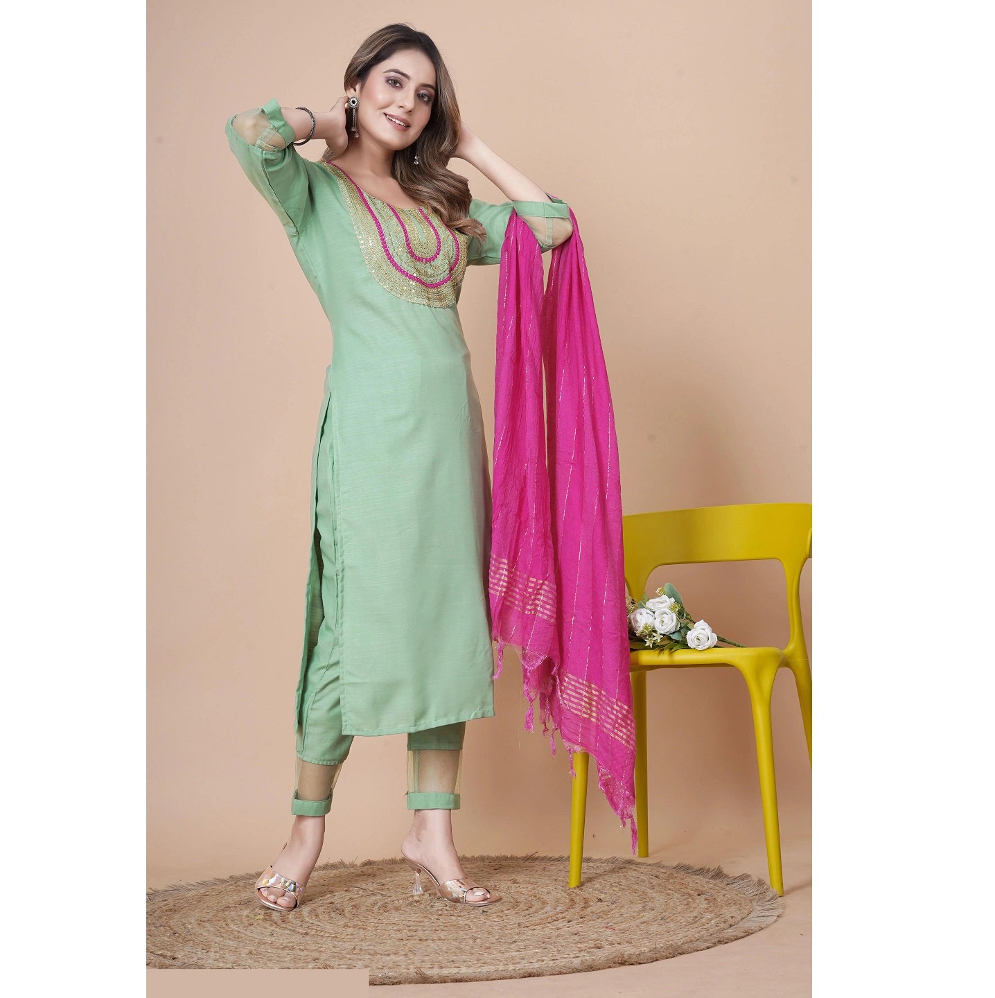 Green Embroidered Rayon Slub Straight Stitched Kurta Pant Dupatta Set