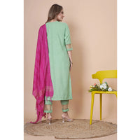 Green Embroidered Rayon Slub Straight Stitched Kurta Pant Dupatta Set