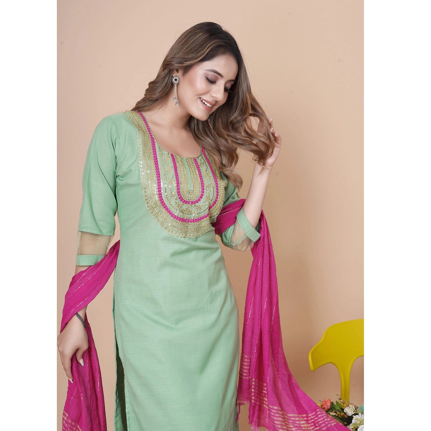 Green Embroidered Rayon Slub Straight Stitched Kurta Pant Dupatta Set