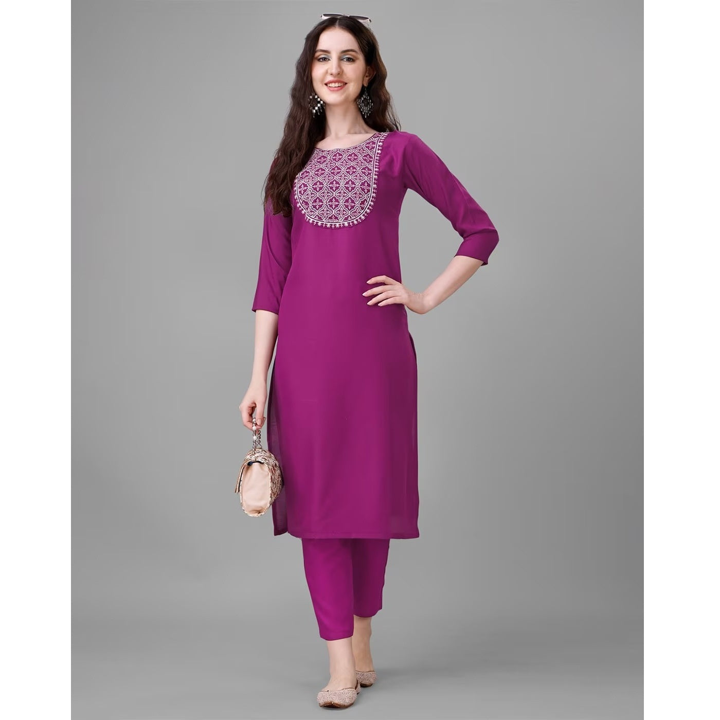 Purple Embroidered Cotton Blend Straight Kurta Pant Set For Women