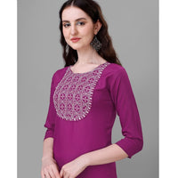 Purple Embroidered Cotton Blend Straight Kurta Pant Set For Women