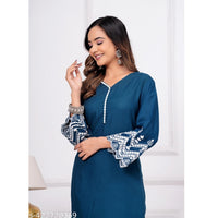 Blue Embroidered Rayon Slub Straight Kurta Set For Women