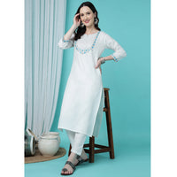 White Embroidered Cotton Straight Kurta Pant Set