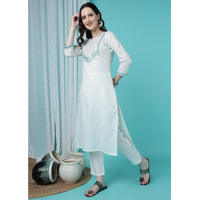 White Embroidered Cotton Straight Kurta Pant Set