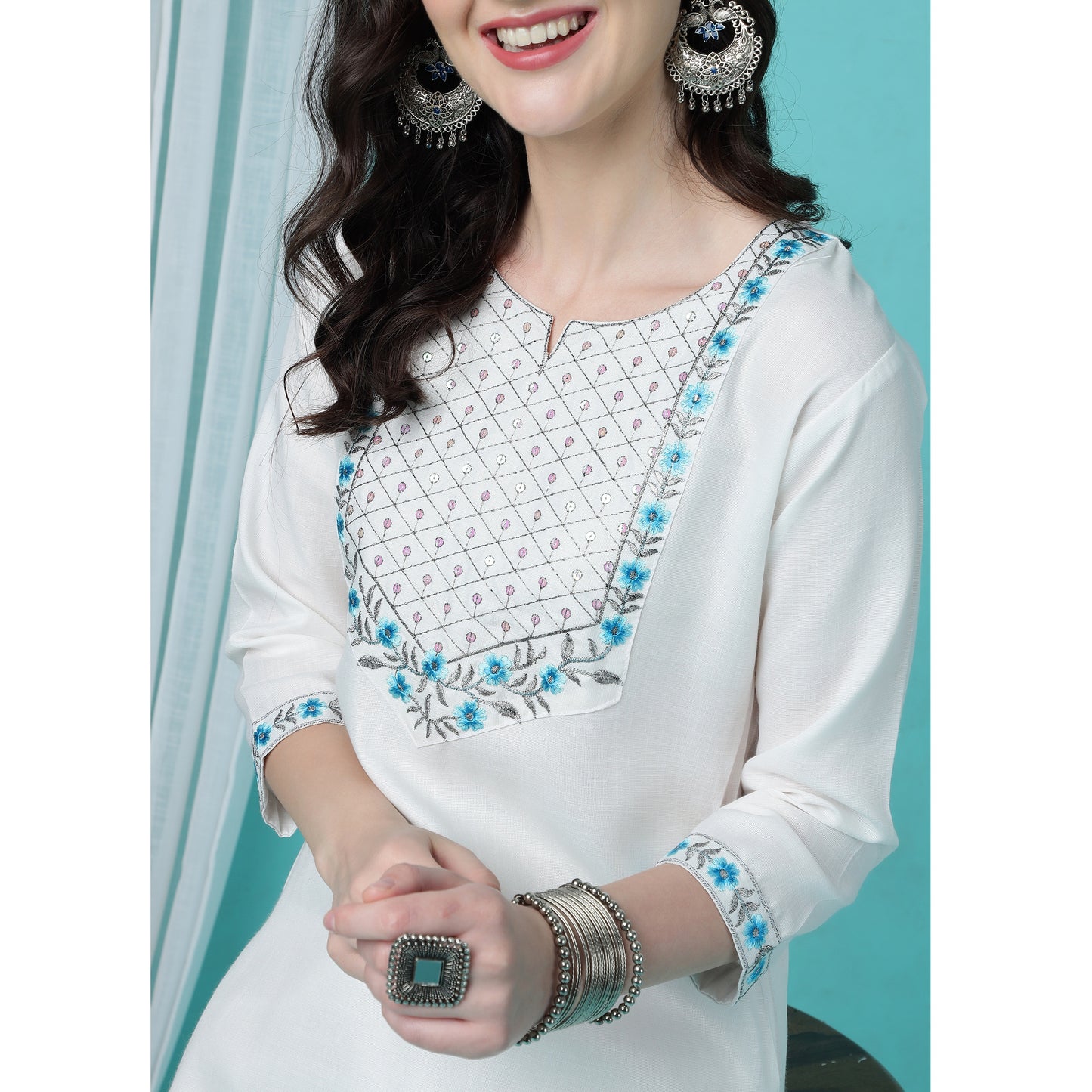 White Embroidered Cotton Straight Kurta Pant Set