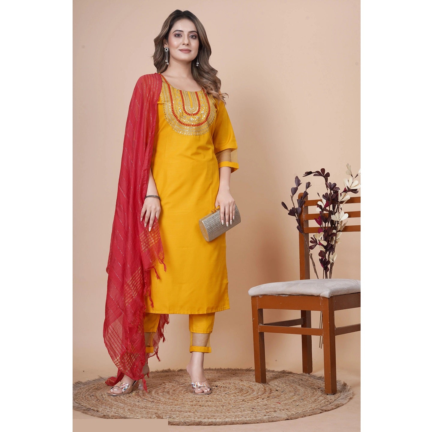 Yellow Embroidered Royan slab Straight Kurta Dupatta Set