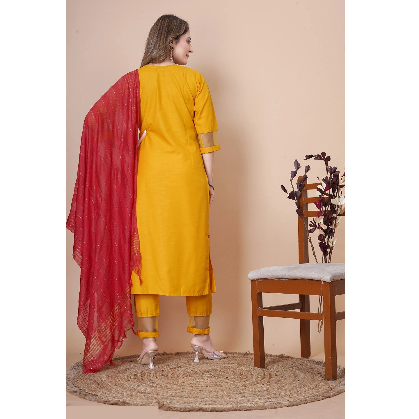 Yellow Embroidered Royan slab Straight Kurta Dupatta Set