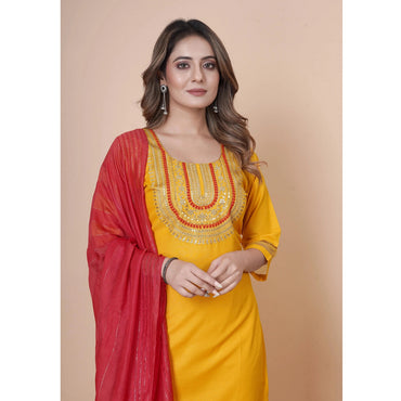 Yellow Embroidered Royan slab Straight Kurta Dupatta Set