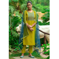 Parrot Green Straight Embroidered Cotton Blend Stitched Kurta Pant Dupatta Set