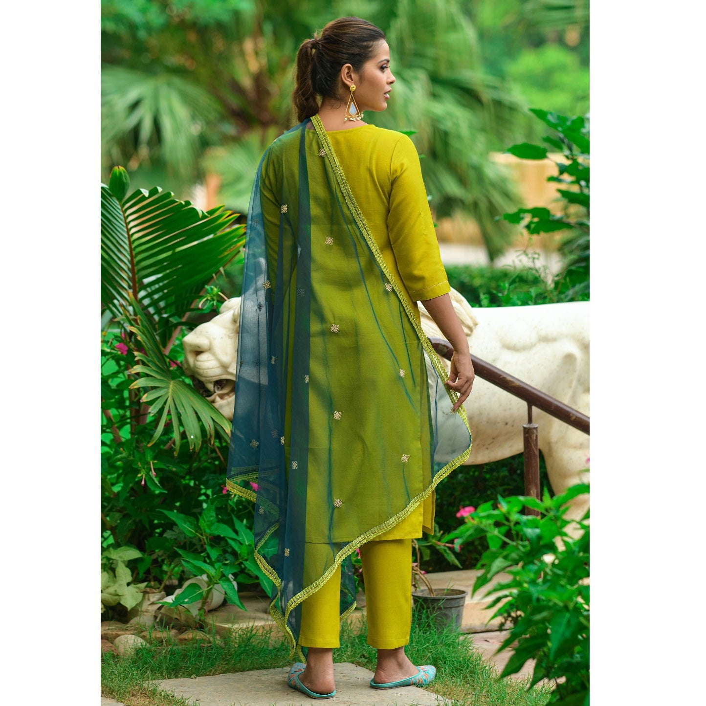 Parrot Green Straight Embroidered Cotton Blend Stitched Kurta Pant Dupatta Set