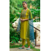 Parrot Green Straight Embroidered Cotton Blend Stitched Kurta Pant Dupatta Set