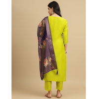 Parrot green Embroidered Rayon Slub Straight Kurta Pant Dupatta Set