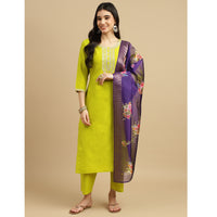 Parrot green Embroidered Rayon Slub Straight Kurta Pant Dupatta Set