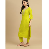 Parrot green Embroidered Rayon Slub Straight Kurta Pant Dupatta Set